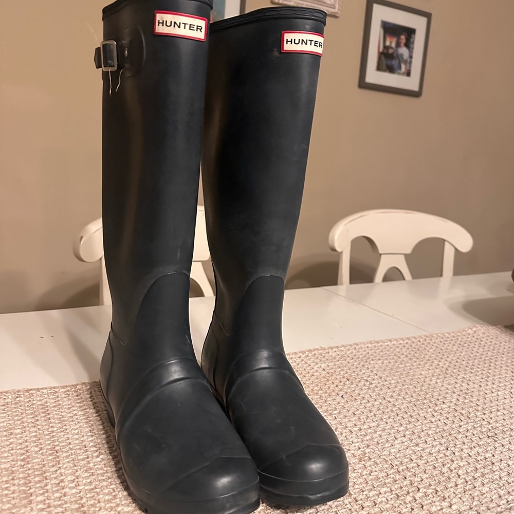 Hunter Tall Black Rubber Rain Boots with Calf Buckles